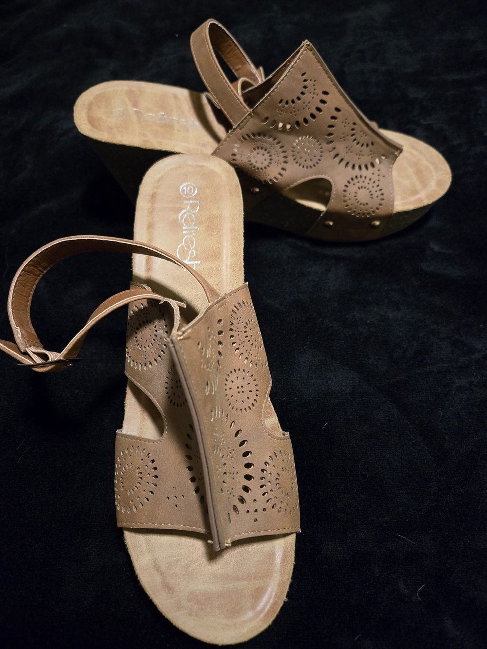Refresh Tan Laser-Cut Platform Wedge Sandals